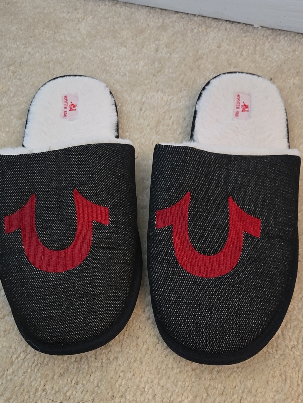 True Religion Black Denim Mens Slippers with Red Logo